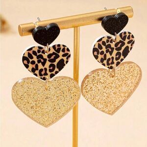 Gold and Black Heart Drop Earrings
